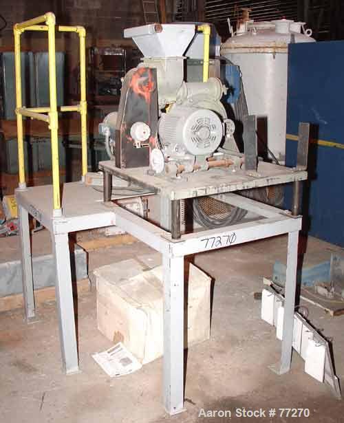 USED: Raymond hammermill, carbon steel. 12" diameter x 3-1/2" widechamber. 8 swinging hammers driven by a 7.5 hp motor. 3" diameter x12" long top screw feed with hopper driven by a 1/2 hp motor. Moun...
