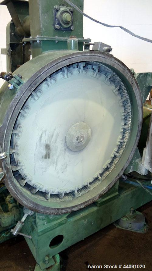 Used Bepex Pulvocron Air Swept Combination Pulverizer / Classifier Mill, Model PC-38, Carbon Steel. Approximate 38” diameter x 8” deep chamber with (3) grinding discs, driven by a 100 hp, 3/60/460 vo...