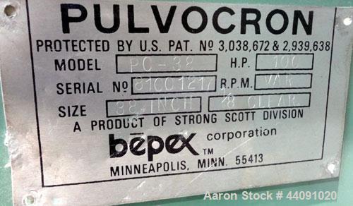 Used Bepex Pulvocron Air Swept Combination Pulverizer / Classifier Mill, Model PC-38, Carbon Steel. Approximate 38” diameter x 8” deep chamber with (3) grinding discs, driven by a 100 hp, 3/60/460 vo...