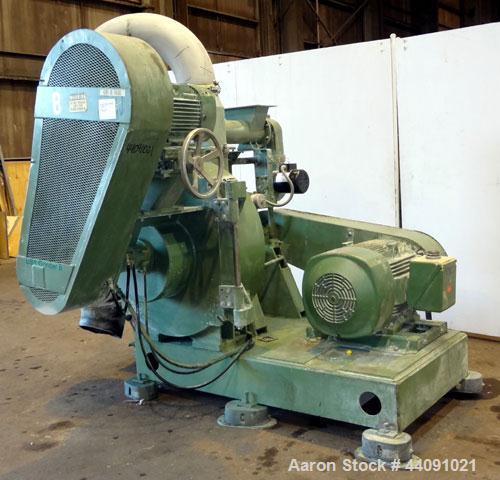 Used Bepex Pulvocron Air Swept Combination Pulverizer / Classifier Mill, Model PC-38, Carbon Steel. Approximate 38” diameter x 8” deep chamber with (1) grinding disc, driven by a 100hp, 3/60/460 volt...