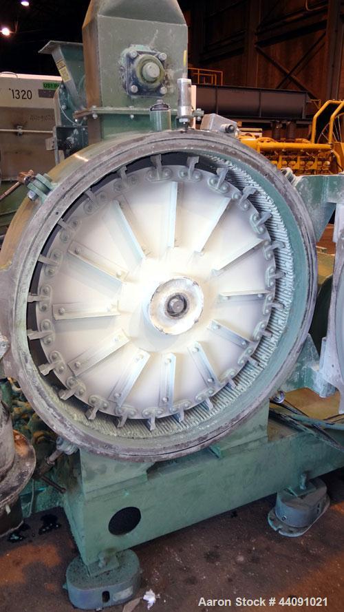 Used Bepex Pulvocron Air Swept Combination Pulverizer / Classifier Mill, Model PC-38, Carbon Steel. Approximate 38” diameter x 8” deep chamber with (1) grinding disc, driven by a 100hp, 3/60/460 volt...