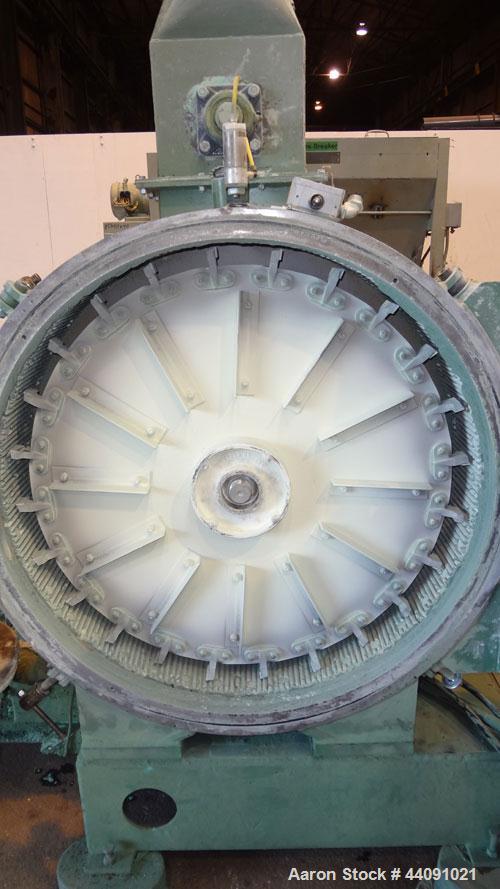 Used Bepex Pulvocron Air Swept Combination Pulverizer / Classifier Mill, Model PC-38, Carbon Steel. Approximate 38” diameter x 8” deep chamber with (1) grinding disc, driven by a 100hp, 3/60/460 volt...