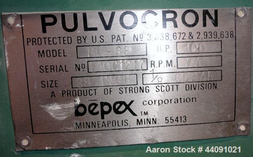 Used Bepex Pulvocron Air Swept Combination Pulverizer / Classifier Mill, Model PC-38, Carbon Steel. Approximate 38” diameter x 8” deep chamber with (1) grinding disc, driven by a 100hp, 3/60/460 volt...