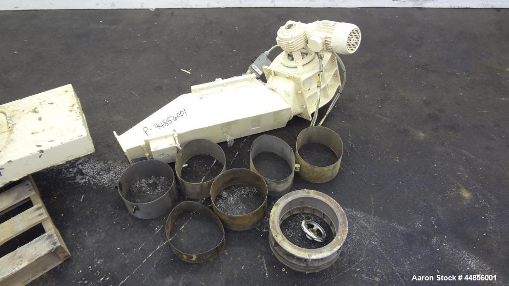 Used Hosokawa Alpine UPZ Fine Impact Mill, Model 250 UPZ, Carbon Steel. (1) Swing type beater with (8) bolt on tip blades, (1) approximate 9" diameter x 5" deep sieve ring with screen. 3" x 4-1/2" To...