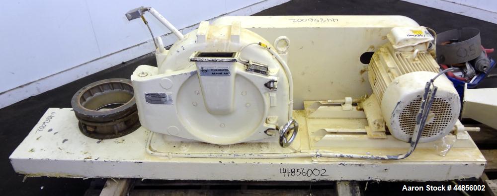 Used Hosokawa Alpine UPZ Fine Impact Mill, Model 250 UPZ, Carbon Steel. (1) Swing type beater with (8) bolt on tip blades, (1) approximate 9" diameter x 5" deep sieve ring with screen. 3" x 4-1/2" To...
