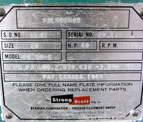 Used Strong Scott Pulvocron Air Swept Combination Pulverizer / Classifier Mill, Model PC-20-E, Carbon Steel. Approximate 20” diameter x 8” deep chamber with (1) grinding disc, driven by a 60hp, 3/60/...