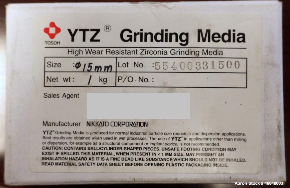 Used- Nikkato Corporation YTZ High Wear Resistant Zirconia Grinding Media