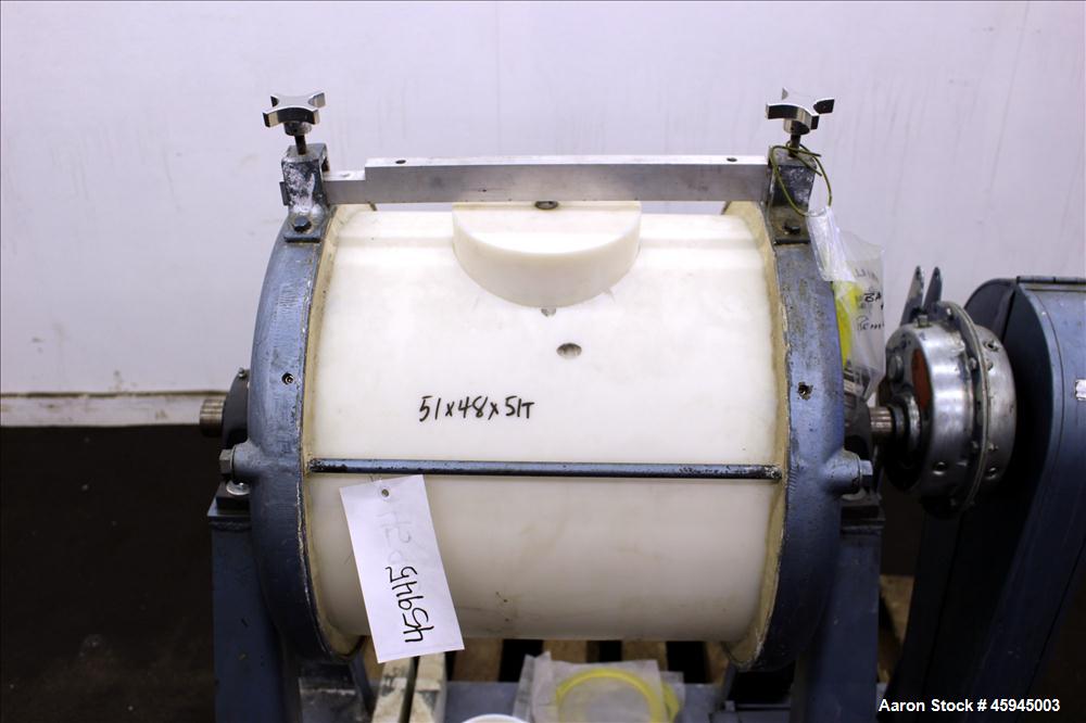 Used Paul O Abbe #4 Jar Mill, Approximate 20 Gallon. Plastic Jar approximate 18" diameter x 20" straight side. Jar speed 39 rpm. Belt driven by .5 hp, 1725 rpm, 208-230/460 volt motor, thru reducer, ...