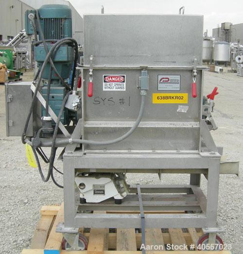 Used Anderson Dahlen Product Lump Breaker, 304 stainless steel. 14" wide x 25 3/4" long chamber, 2" diameter shaft with (12) bolt on "T" type paddles. Bottom bar screen. Driven by a 1/2 hp, 3/60/230/...