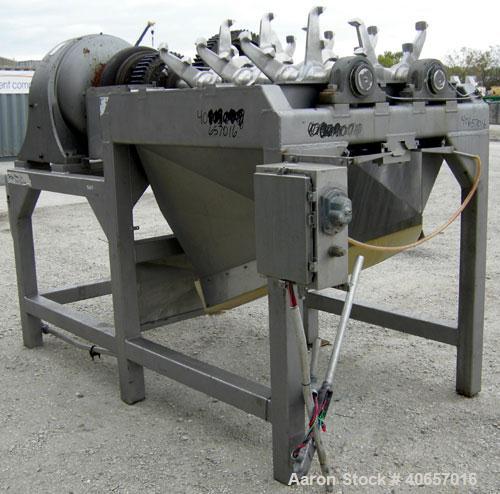 Used Lump Breaker, dual shaft, 304 stainless steel. (1) 4" diameter shaft with (7) 3 blade hook style knives, (1) 4" diameter shaft with (6) 3 blade hook style knives. (2) sets of stationary bars. 40...