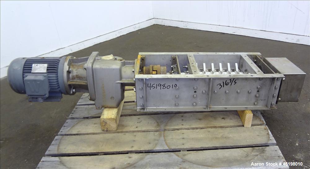 Used Dual Shaft Lump Breaker, 316 Stainless Steel. 12" x 12" Feed, no hopper. Approximate 1/2" thick fixed blades. Driven by a 5hp, 3/60/230/460 volt, 1750 rpm gear motor, ratio 24.41 to 1.