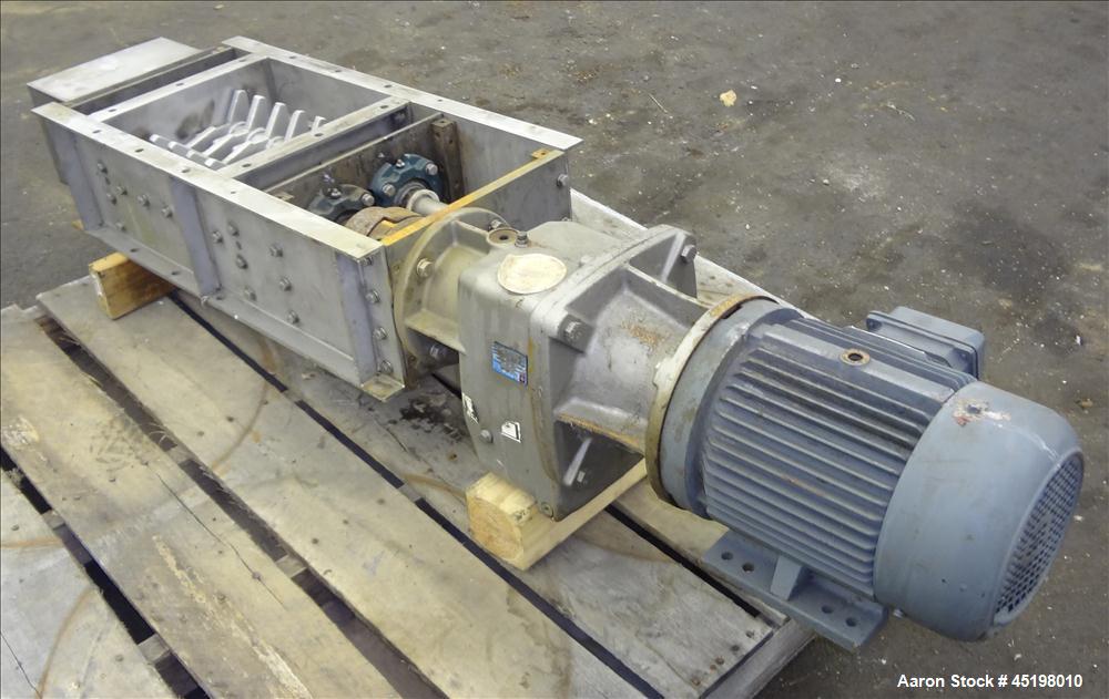 Used Dual Shaft Lump Breaker, 316 Stainless Steel. 12" x 12" Feed, no hopper. Approximate 1/2" thick fixed blades. Driven by a 5hp, 3/60/230/460 volt, 1750 rpm gear motor, ratio 24.41 to 1.