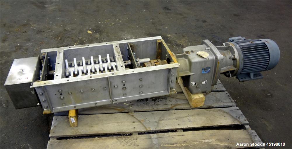 Used Dual Shaft Lump Breaker, 316 Stainless Steel. 12" x 12" Feed, no hopper. Approximate 1/2" thick fixed blades. Driven by a 5hp, 3/60/230/460 volt, 1750 rpm gear motor, ratio 24.41 to 1.