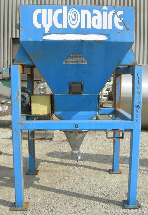 Used Cyclonaire Lump Breaker, dual rotor, carbon steel. (2) 1 1/2" diameter shafts with pins, bottom stationary bars. Driven by a 2 hp, 3/60/208-230/460 volt, 1730 rpm gearmotor, ratio 60 to 1. Inclu...