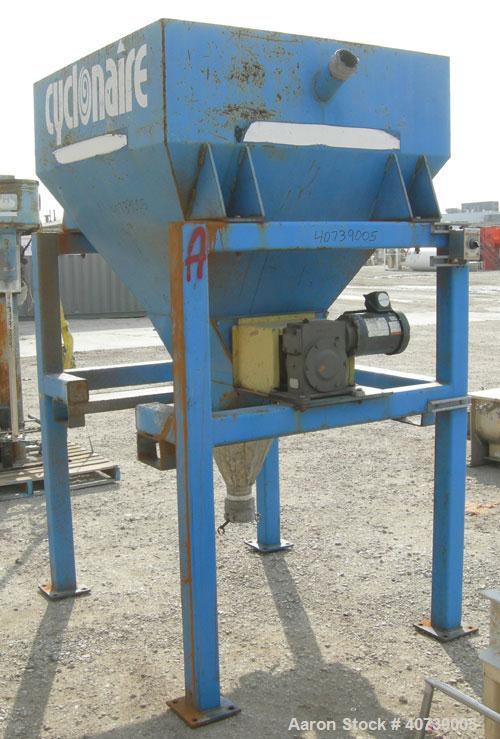 Used Cyclonaire Lump Breaker, dual rotor, carbon steel. (2) 1 1/2" diameter shafts with pins, bottom stationary bars. Driven by a 2 hp, 3/60/208-230/460 volt, 1730 rpm gearmotor, ratio 60 to 1. Inclu...