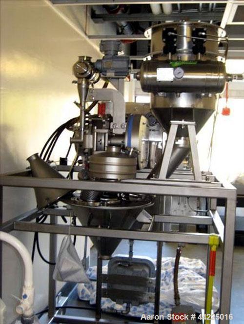 Used Kemutec Kek Pin Mill System, Model 5H. Driven by a 5 hp, 230/460 volt motor. With rotary feeder, dust filter, and discharge hopper. On portable stands with controls. Built 2/2005, serial #A22636.