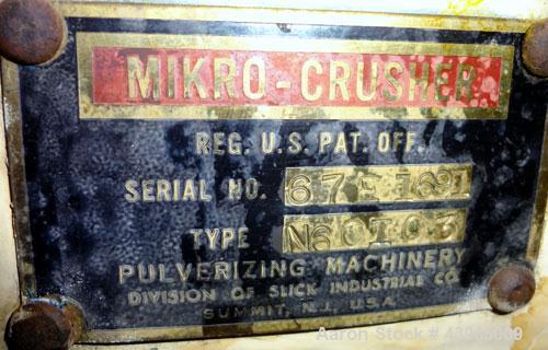 Used- Mikro Crusher Lump Breaker, Type N60I03, 304 Stainless Steel.  Approximate 6" x 9" top feed opening with hopper, botto...