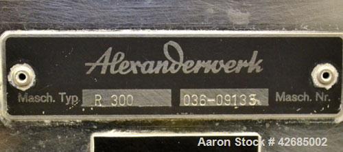 Used Alexanderwerk Shredder/Grater, Type R300, 316 Stainless Steel. 20-1/2’’ Diameter x 16’’ deep chamber, 12’’ diameter 2 blade rotor, missing sizing basket. Top feed hopper with safety grate, botto...