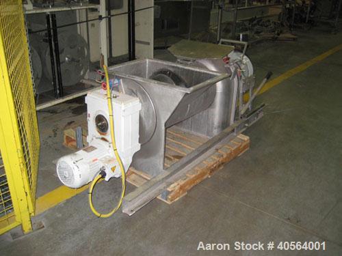 Used Bucher apple grinding disc mill, model CM50, stainless steel. 30 kW motor for main grinding head, 3 kW motor for 14 inch diameter x 30 inch long feed conveyor in self contained hopper, 9.5 inch ...