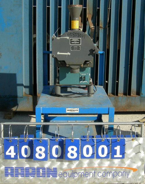 Used Thomas Wiley Cutting Mill, Model 4, Carbon Steel. 141 cubic inch chamber, 7-3/4" diameter x 3" deep. 4 bolt on blade rotor. 6 stationary bed knives. Top feed with hopper, bottom discharge, hinge...