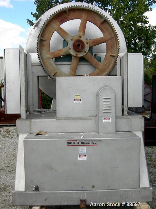 Used Paul O Abbe Pebble Mill, Model #1, 304 Stainless Steel Sroduct Contact. 68" Diameter x 56" straight side. 117 Cubic feet total capacity, 29.25 working. Alumina ceramic lined. Internal rated 14.7...