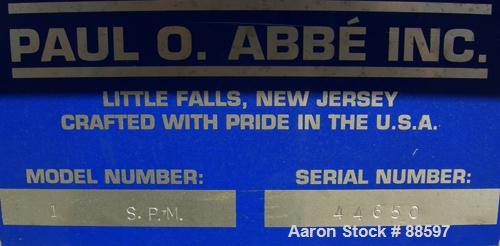 Used Paul O Abbe Pebble Mill, Model #1, 304 Stainless Steel Sroduct Contact. 68" Diameter x 56" straight side. 117 Cubic feet total capacity, 29.25 working. Alumina ceramic lined. Internal rated 14.7...