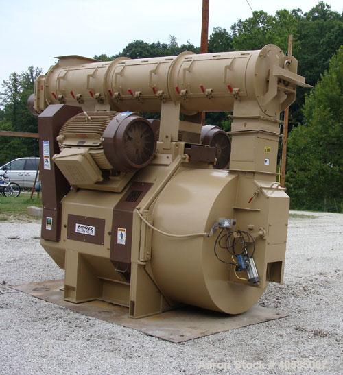 Used Bliss Pioneer 34" Pellet Mill. 400 hp, new belts, bearings, die, rolls and paint. Manufactured 1999. Includes stainless steel feeders, conditioners, feed cones and doors. Reported to be recondit...