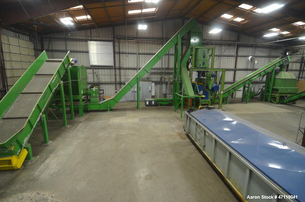 Used Munch Pellet Mill System Consisting Of: (1) Vecoplan incline feed conveyor, approximate 60" wide x 26 long, approximate 168" discharge height, driven by a 5hp gear motor, (1) Ensign dosing hoppe...