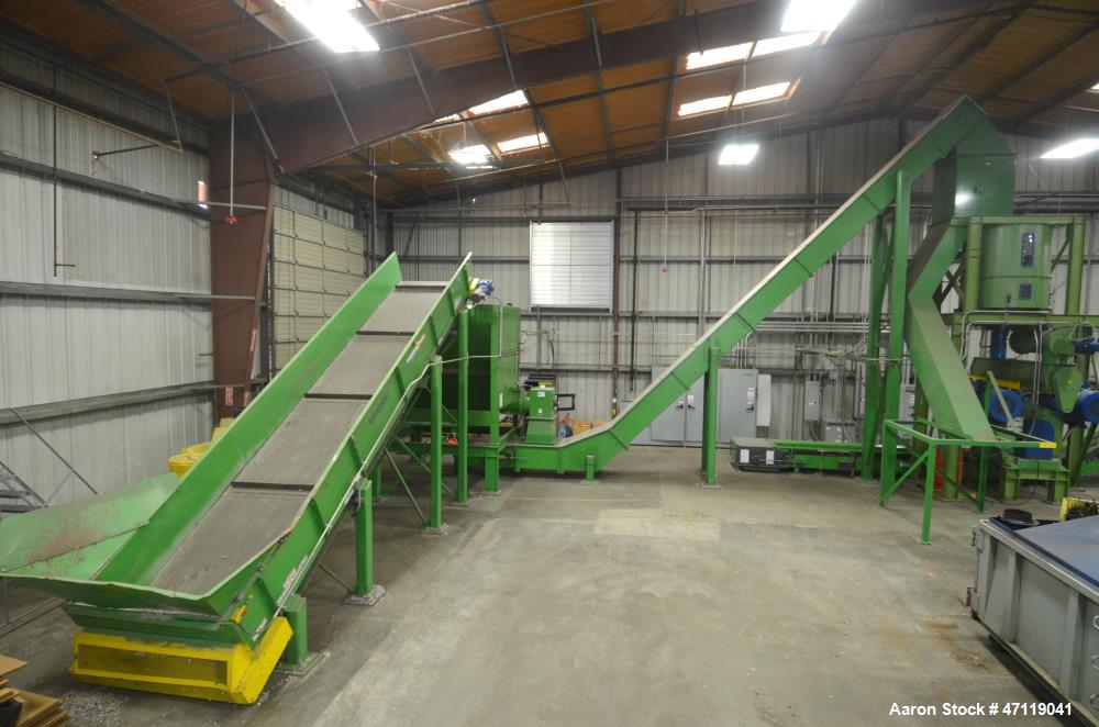 Used Munch Pellet Mill System Consisting Of: (1) Vecoplan incline feed conveyor, approximate 60" wide x 26 long, approximate 168" discharge height, driven by a 5hp gear motor, (1) Ensign dosing hoppe...