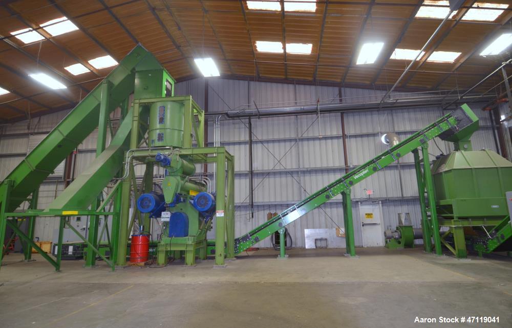 Used Munch Pellet Mill System Consisting Of: (1) Vecoplan incline feed conveyor, approximate 60" wide x 26 long, approximate 168" discharge height, driven by a 5hp gear motor, (1) Ensign dosing hoppe...