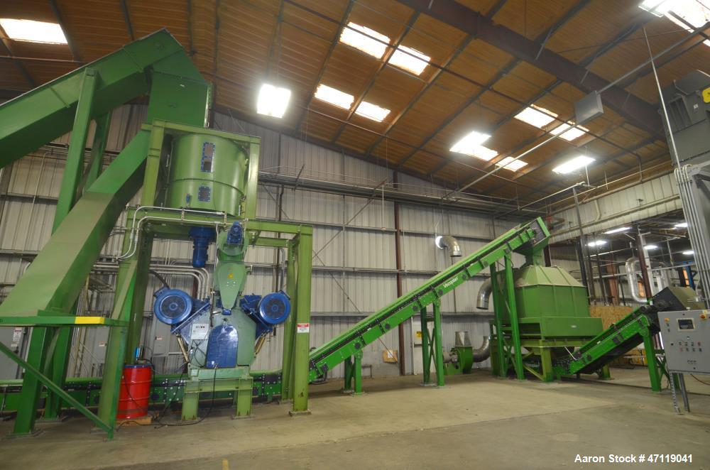 Used Munch Pellet Mill System Consisting Of: (1) Vecoplan incline feed conveyor, approximate 60" wide x 26 long, approximate 168" discharge height, driven by a 5hp gear motor, (1) Ensign dosing hoppe...
