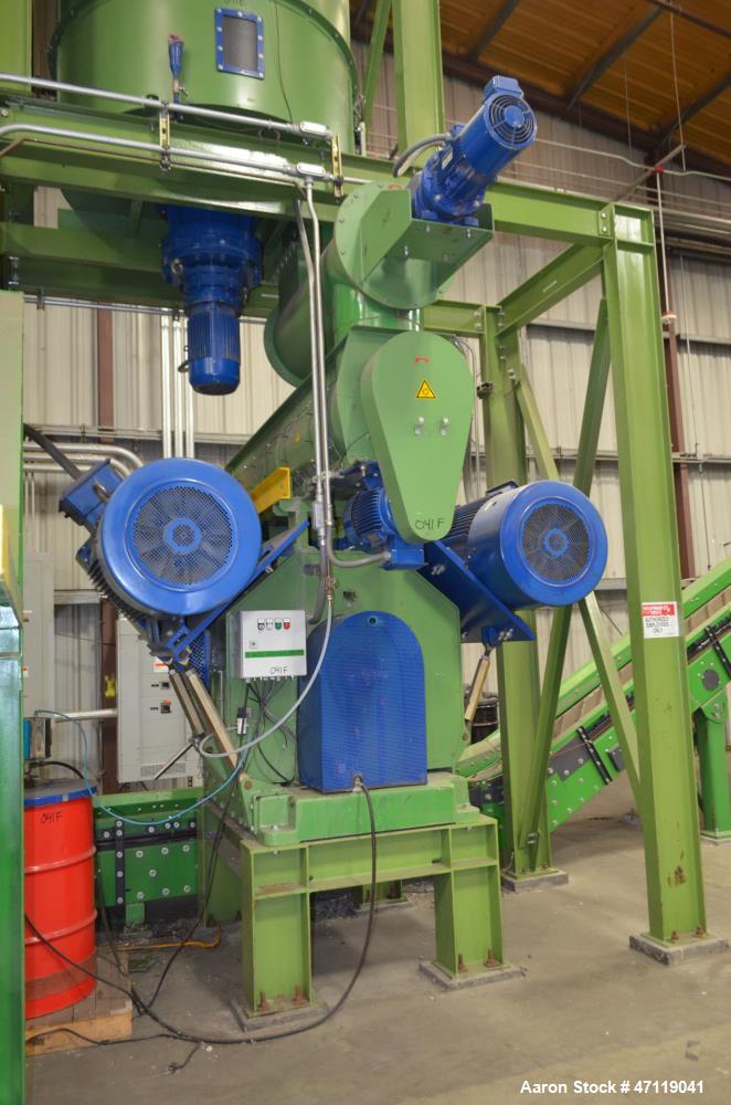 Used Munch Pellet Mill System Consisting Of: (1) Vecoplan incline feed conveyor, approximate 60" wide x 26 long, approximate 168" discharge height, driven by a 5hp gear motor, (1) Ensign dosing hoppe...