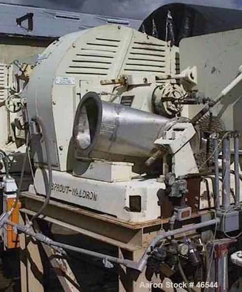 Used Sprout Waldron model 501G pelletizer. Stainless steel product contact parts. With model 20 x 58 stainless steel conditioner, 7.5 hpmotor. Mill driven from 40 hp 3/60/460V/900 rpm V-belt.