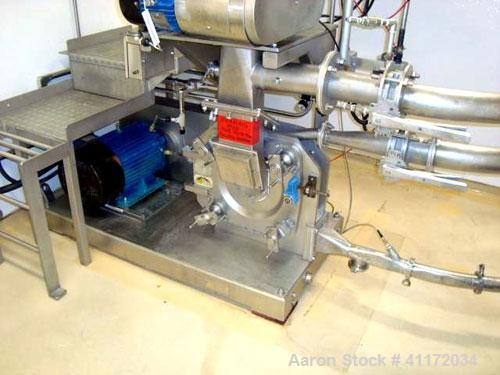 Used Kemutec Universal Mill, Stainless Steel. Approximately 400 mm diameter. Can be used with pin or beater blades. Main motor approximately 7.5 kw belt driven. Includes feeder hopper, Kek stainless ...