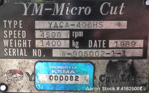 Used Yaskawa and Company YM Micro Cut Classifying Mill, Type YACA-400HS. Capacity 300 to 20000 kg/hr, cut size 8 micron meter to 100 micron meter. 15" diameter grinding disk, 4130/40 stainless steel....