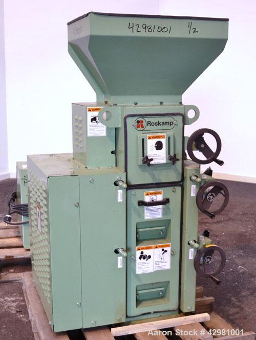 Used CPM Roskamp Series 900 Roller Mill, Type DP900-12, Carbon Steel.  (2) Pairs of  9’’ diameter x 12’’ wide rolls. Manually adjustable.  Manual feed gate adjustment, top feed hopper.  Driven by a 1...
