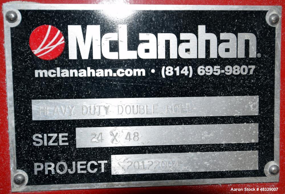 Used McLanahan 24” X 48” Heavy Duty Double Roll Crusher, Part# HDDR2448007, Carbon Steel. Designed for Trona at 700 tons per hour at 85 pounds per cubic foot bulk density. Dual flywheel drive with (2...