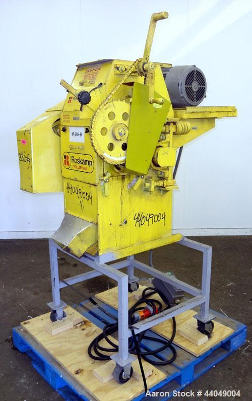 Used Roskamp Roller Mill, Model K, Carbon Steel. (2) Approximately 9" diameter x 12" wide grooved rolls, manually adjustable, 11" X 13" top feed, bottom discharge. Driven by a 7.5 hp, 3/60/230/460 vo...