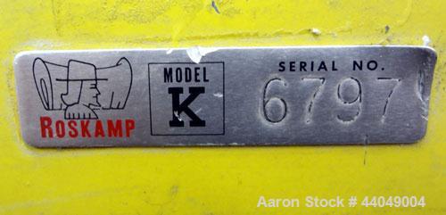 Used Roskamp Roller Mill, Model K, Carbon Steel. (2) Approximately 9" diameter x 12" wide grooved rolls, manually adjustable, 11" X 13" top feed, bottom discharge. Driven by a 7.5 hp, 3/60/230/460 vo...