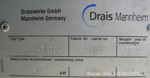 Used Drais SuperFlow high performance perl mill, model DCP-SF170C. 15 liter (3.9 gallon) carbon steel jacketed bowl 14 3/8" diameter x 19" deep rated 5 bar (72 psi) at 98 deg C (208 F).  Bowl has sta...
