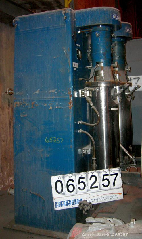 Used Asada Iron Works Vertical Sand Mill. (2) 8" ID x 44" side by side stainless steel jacketed chambers, each is top driven by a 22 kw (30 hp) XP 3/60/200V motor.