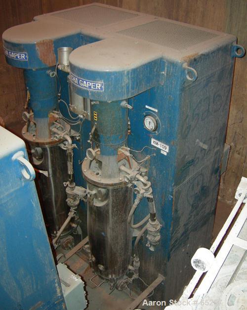 Used Asada Iron Works Vertical Sand Mill. (2) 8" ID x 44" side by side stainless steel jacketed chambers, each is top driven by a 22 kw (30 hp) XP 3/60/200V motor.