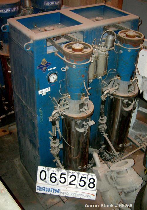 Used Asada Iron Works Vertical Sand Mill. (2) 8" ID x 44" side by side stainless steel jacketed chambers, each is top driven by a 22 kw (30 hp) 3/60/200V motor.