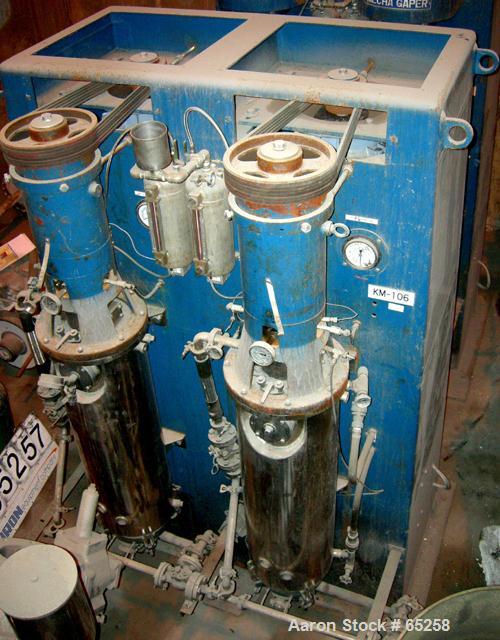 Used Asada Iron Works Vertical Sand Mill. (2) 8" ID x 44" side by side stainless steel jacketed chambers, each is top driven by a 22 kw (30 hp) 3/60/200V motor.
