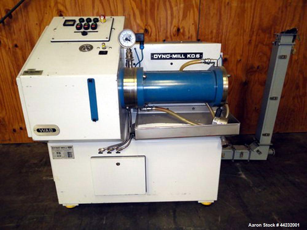 Used WAB Horizontal Dyno Mill (Dispersion Media Mill), Model KD6, Stainless steel contacts. Production is approximately 20-150 kg per hour, Grinding container is approximately 6 liters, 15kw, 3/60/48...