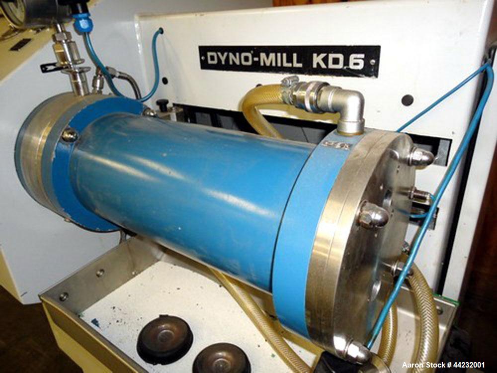 Used WAB Horizontal Dyno Mill (Dispersion Media Mill), Model KD6, Stainless steel contacts. Production is approximately 20-150 kg per hour, Grinding container is approximately 6 liters, 15kw, 3/60/48...