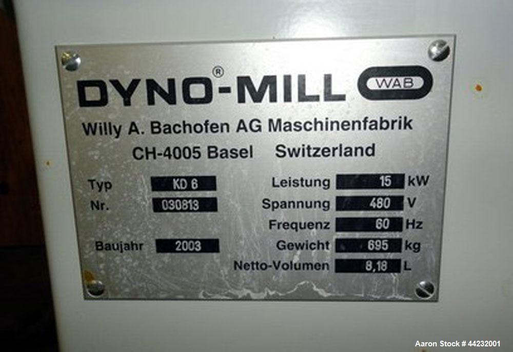 Used WAB Horizontal Dyno Mill (Dispersion Media Mill), Model KD6, Stainless steel contacts. Production is approximately 20-150 kg per hour, Grinding container is approximately 6 liters, 15kw, 3/60/48...