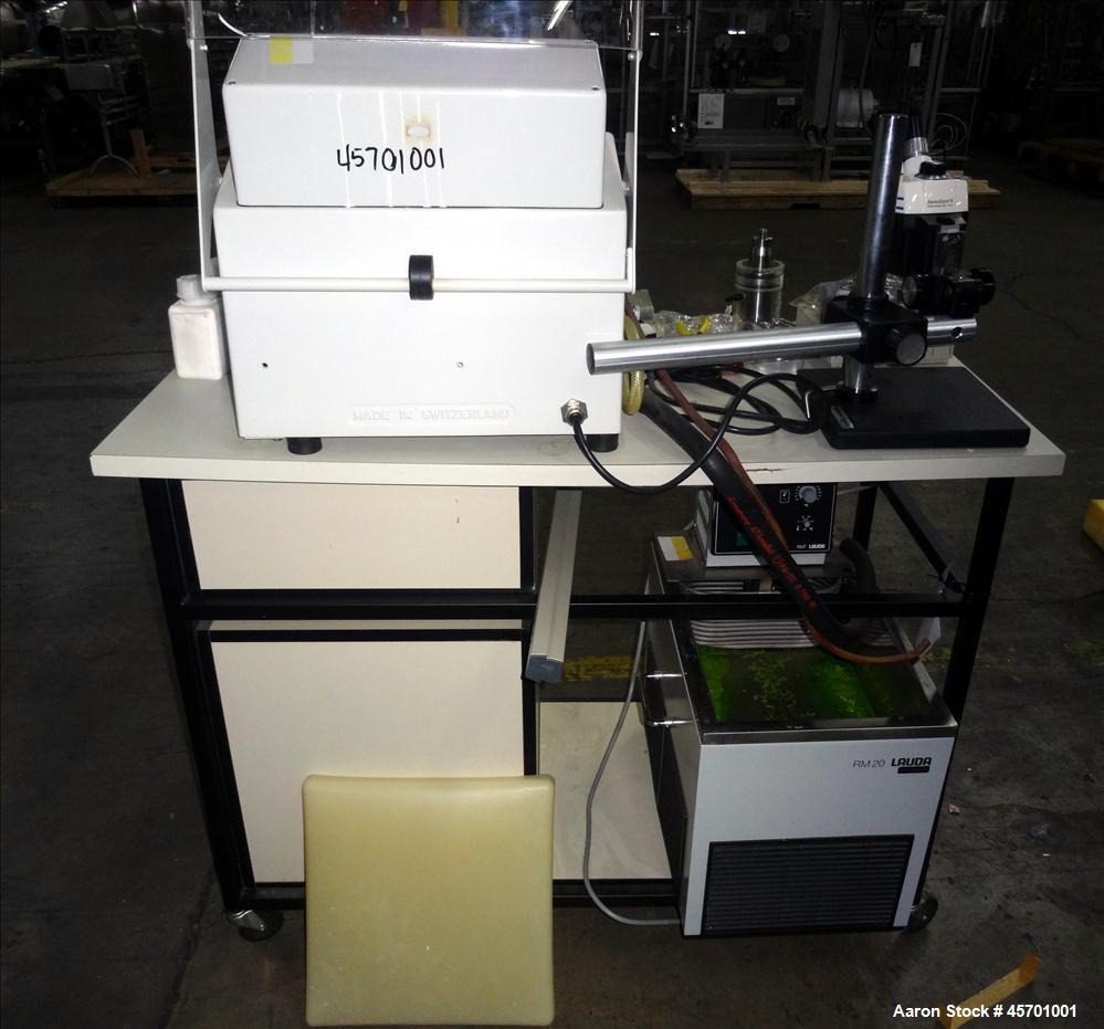 Used Dyno Mill Laboratory Mill, Model Type KDL, Horizontal. Approximately 0.3 liter glass grinding chamber, approximately 6" diameter x 2-1/4" deep. Has approximately 3.77" diameter polyurethane agit...