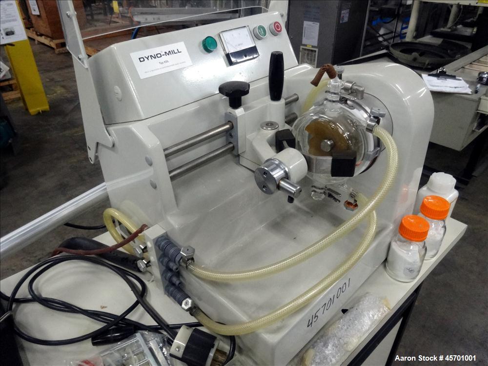 Used Dyno Mill Laboratory Mill, Model Type KDL, Horizontal. Approximately 0.3 liter glass grinding chamber, approximately 6" diameter x 2-1/4" deep. Has approximately 3.77" diameter polyurethane agit...