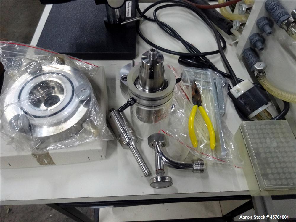 Used Dyno Mill Laboratory Mill, Model Type KDL, Horizontal. Approximately 0.3 liter glass grinding chamber, approximately 6" diameter x 2-1/4" deep. Has approximately 3.77" diameter polyurethane agit...
